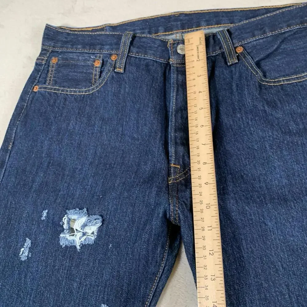 Levis 501 Jeans Mens 34x30 Blue Straight Button Fly Dark Mid Rise Distressed - Picture 4 of 12